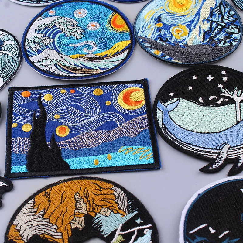 Pulaqi Wave Applique Adventure Badges Iron On Patches For Clothing Van Gogh Embroidered Natural Clothes | Дом и сад