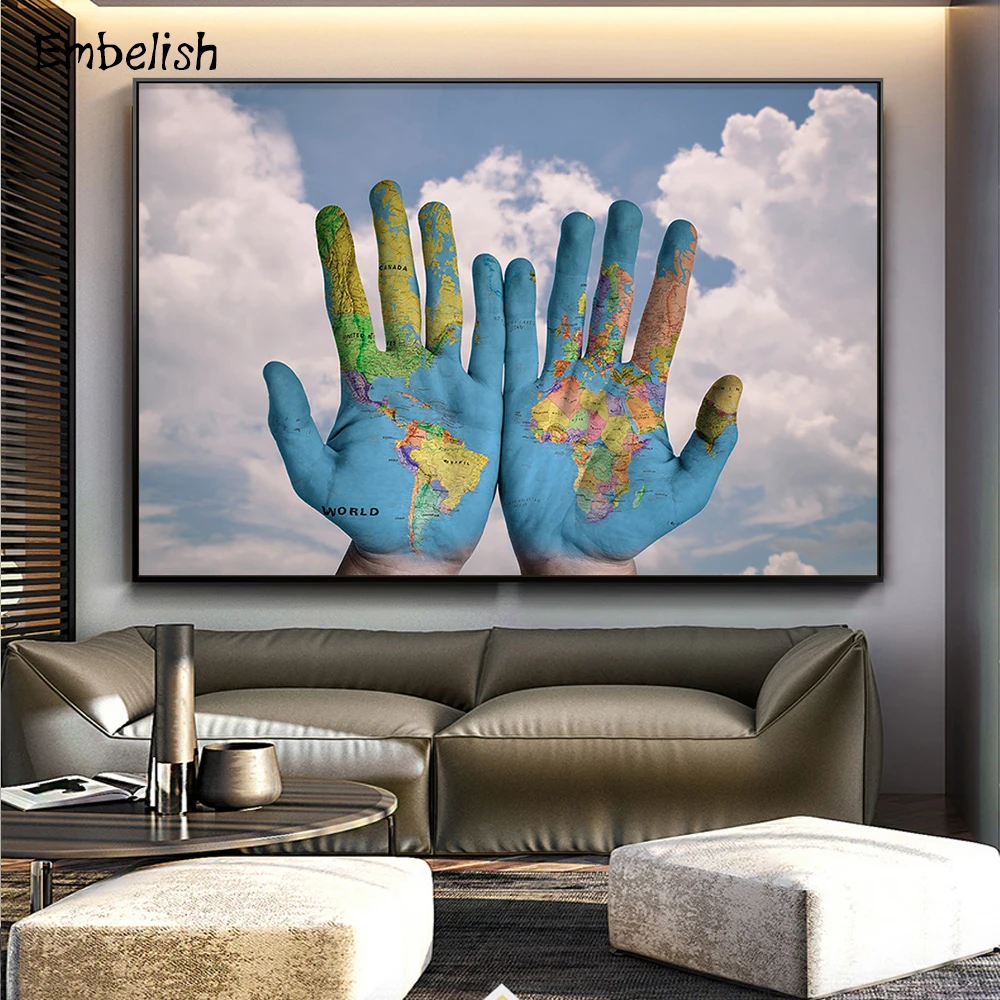 

1 Pieces World Map On Hands Blue Sky Modern Home Decor Pictures For Living Room HD Print Canvas Paintings Wall Art Poste Artwork