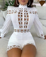 women solid color lattice design hollow out romper romper lace patchwork long sleeve sexy jumpsuit women regular rompers