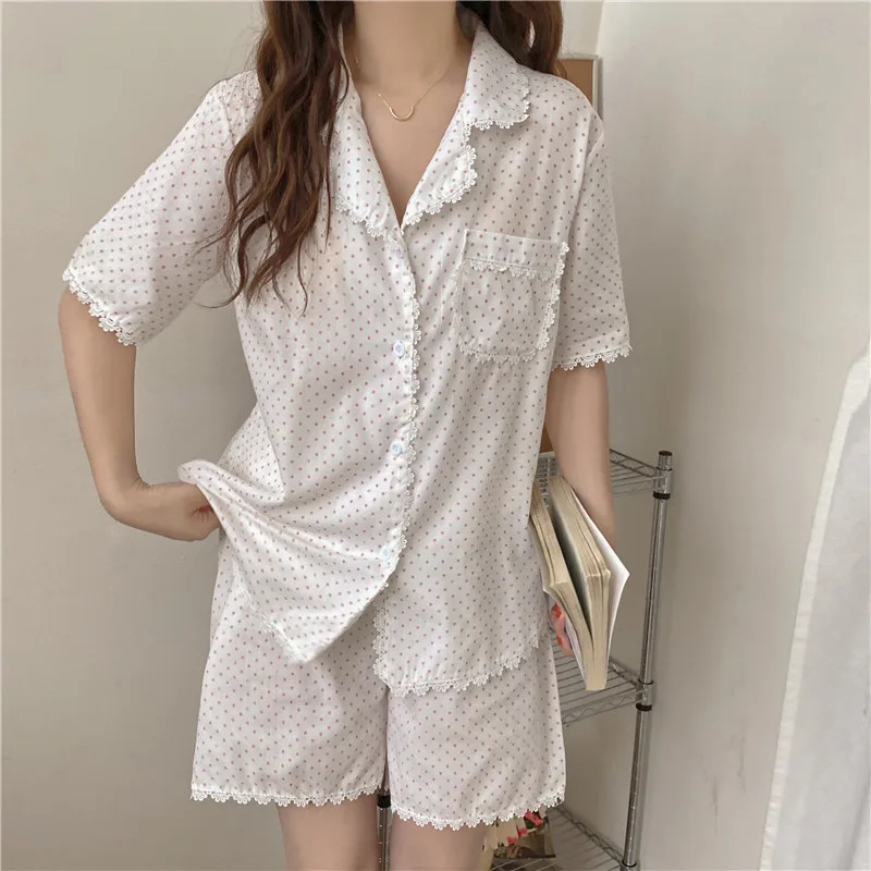 

Alien Kitty 2021 Hot Korean Polka Dots Casual Femme Chiffon Gentle Lace Chic Summer Loose Homewear Pajamas Sets Two Piece Suits