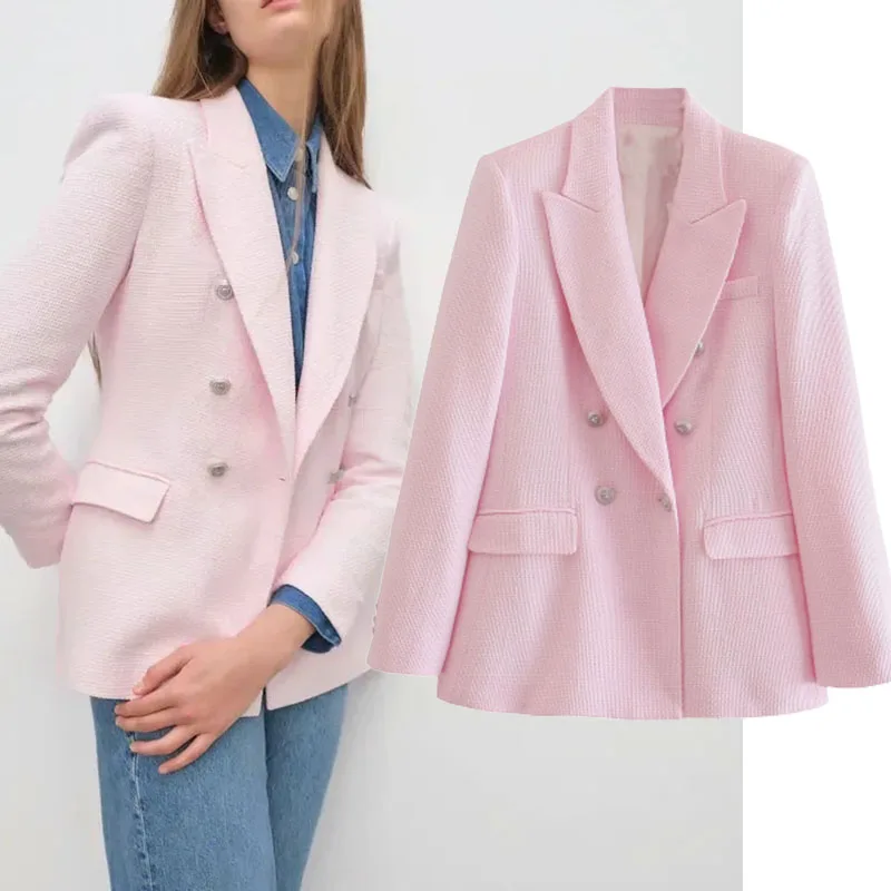 

Женский двубортный твидовый Блейзер Za, винтажный пиджак с длинными рукавами и карманами, верхняя одежда, 2021