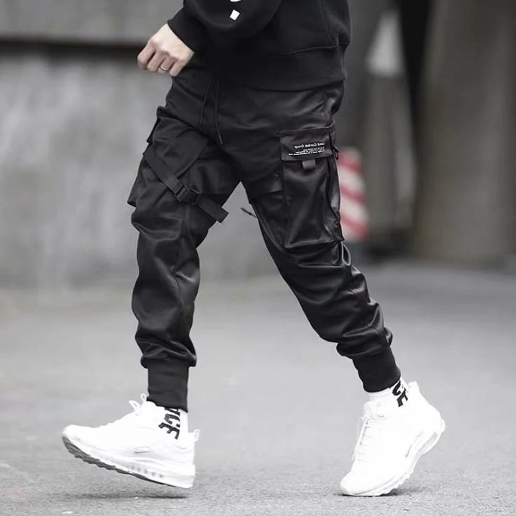 

Casual Men Ribbons Color Block Black Pocket Cargo Pants Joggers Harajuku Sweatpant Hip Hop Trousers Leisure Loose Trousers
