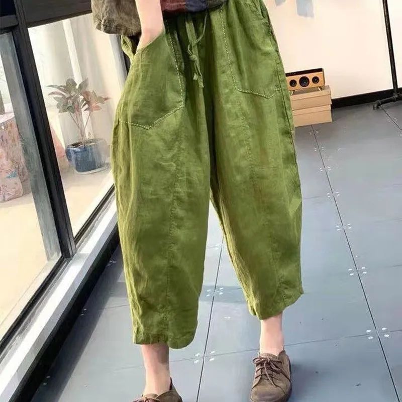 

2021 New Arrival Summer Arts Style Women Loose Casual Elastic Waist Harem Pants All-matched Cotton Linen Ankle-length Pants W117