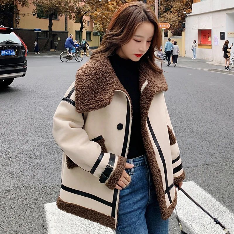 

Unua amo Winter Suede Jacket Women Thick Warm Turtleneck Fleece Outwear Moto Biker Faux Leather Lambswool Coat Female LE00289A