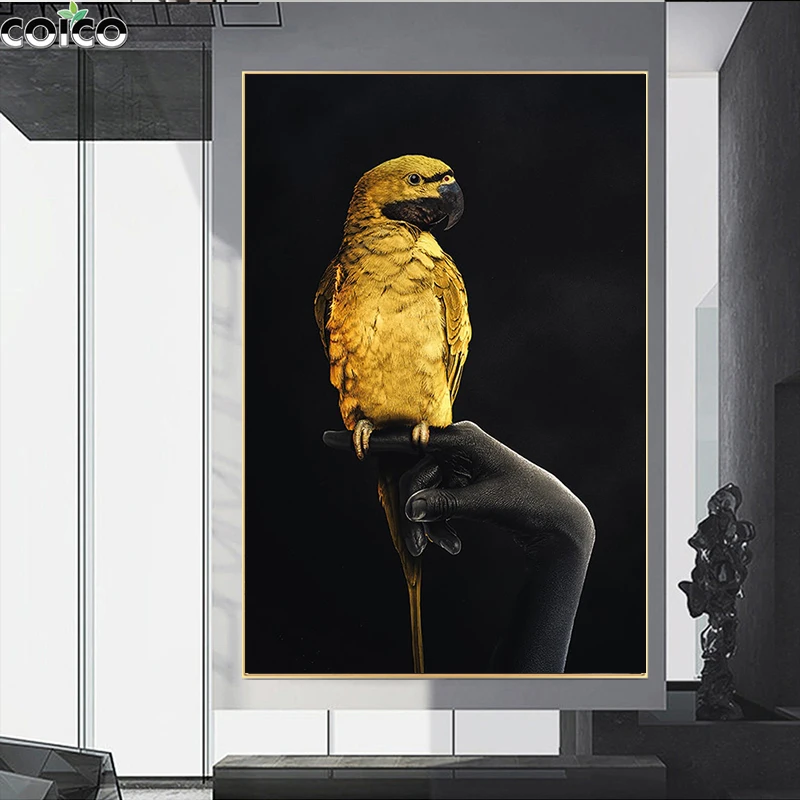 

Golden Parrot Hand Print Wall Art Print Canvas Painting Blue Bird Water Splash Posters Aesthetic Home Decor Black Pictures