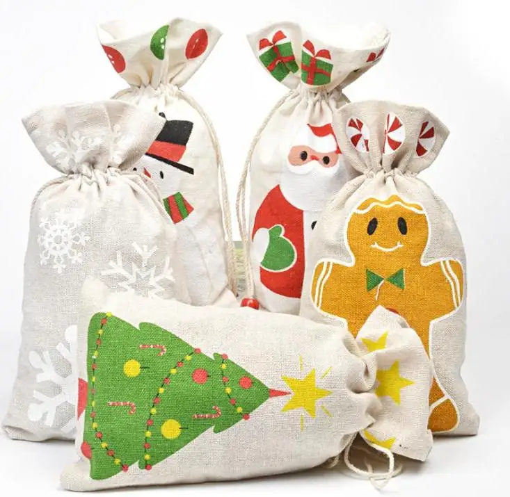 

Christmas Drawstring Gifts Bag Pouch for Santa Clause Snowflake Snowman Xmas Storage Burlap Party Candy Bag Decor Wholesale