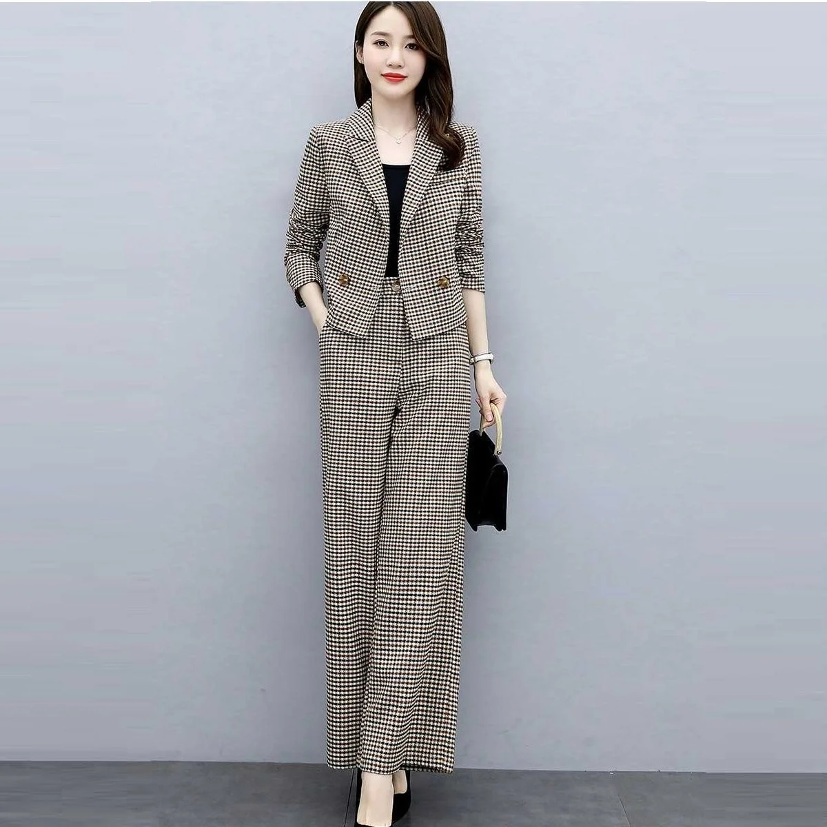 

One Piece / Suit Plaid Professional Suit Women's New Long Sleeve Celebrity Style Slim Goddess Wide Leg Pants Suit