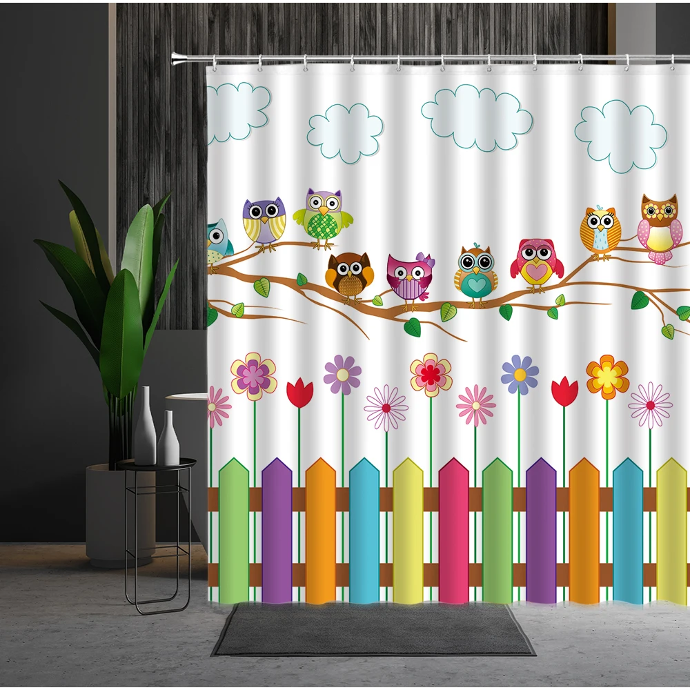 

Children's Cartoons Shower Curtain Owl Love-heart Branches Green Leaf Flowers Joy Animal Bathtub Screen With Hooks Bath Curtain