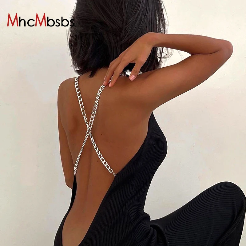

Sexy Chain Sling V Neck Backless Bodycon Midi Dress Women Sleeveless Black Elegant Robe 2022 Summer Harajuku Night Prom Clothes
