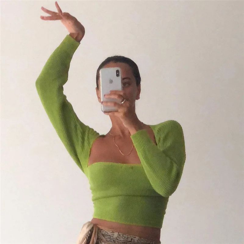 

Женская футболка с длинным рукавом и квадратным вырезом, облегающий вязаный короткий свитер синего, оранжевого, зеленого цветов, Повседнев...