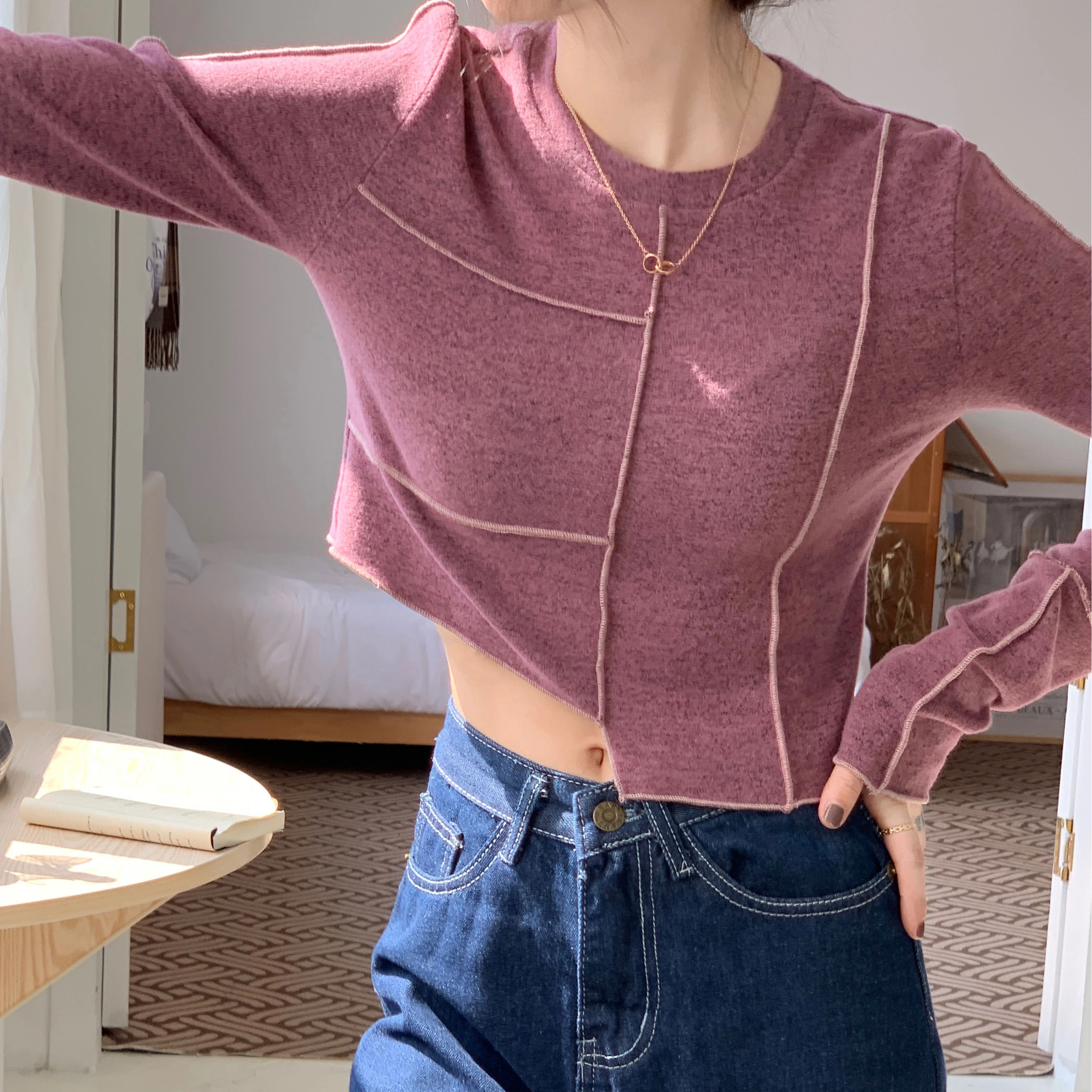 

Y2k Long-sleeved T-shirt Women's Design Sense Niche T-shirt 2021 New Autumn and Winter Slim Fit with Irregular Short Top