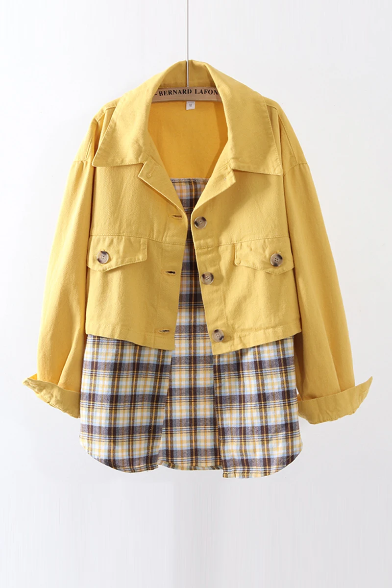 

Tooling jacket female spring and autumn new Korean style loose student casual mid-length plaid stitching fake two-piece tops