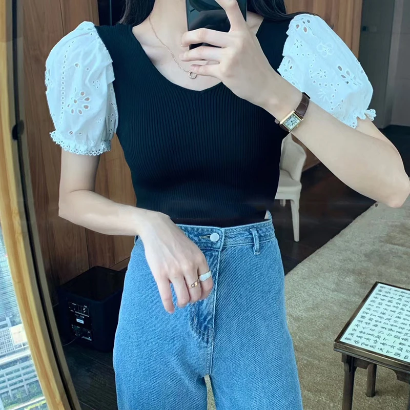 

HWLZLTZHT knitting t-shirt Puff Sleeve woman tops Hollow Out embroidery shirt women V Neck Women t shirt femme sexy Tops