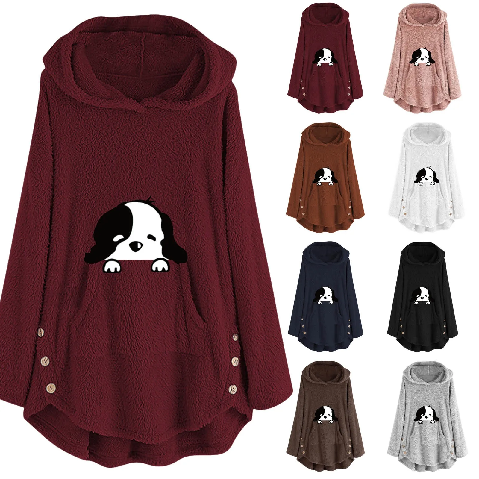 

Women's Sweatshirts Autumn Winter Animal Embroidery Hooded Plush Pocket Hoodie Pullover Casual Loose Plus Size Long Sleeve Tops#