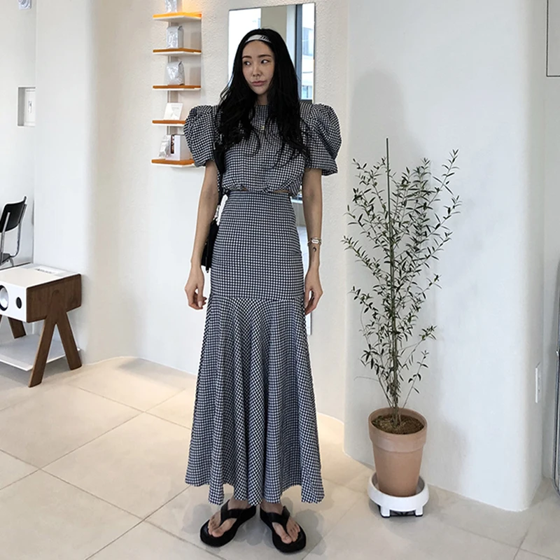GALCAUR Plaid Two Piece Set Women O Neck Puff Short Sleeve Vintage T-shirt High Waist Bodycon Maxi Skirts Suits Female New 2020 |
