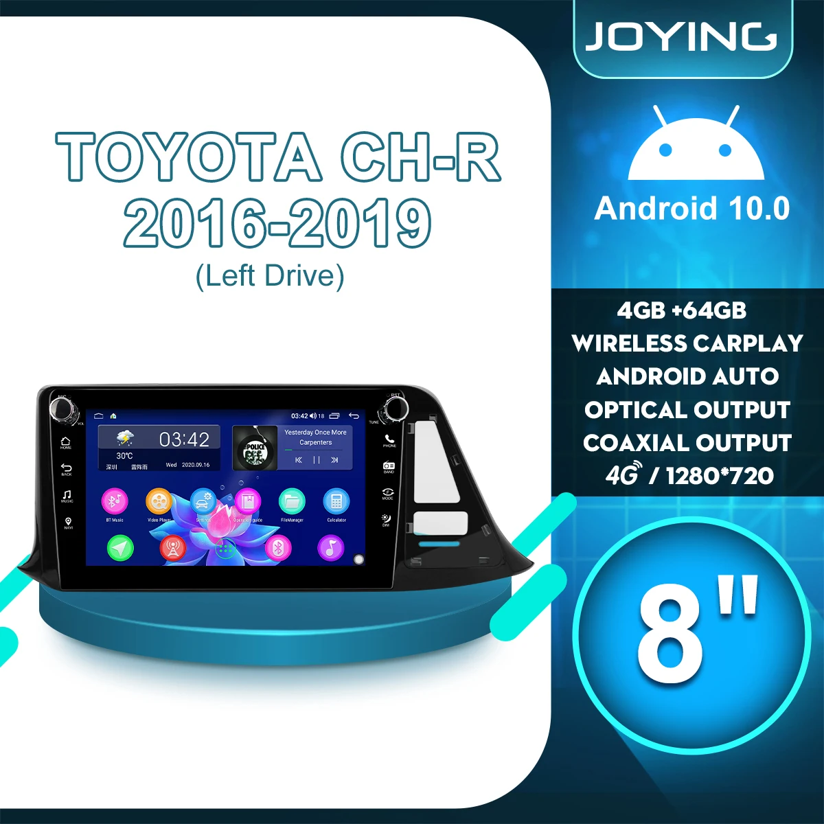 

Центральное автомобильное радио, 1DIN, мультимедиа, Android 10, стерео, 8 дюймов, для Toyota C-HR, CH-R, CHR 2016, 2019, левый привод Carplay