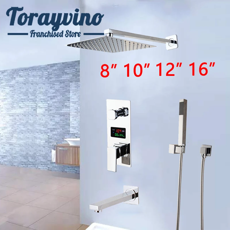 

Upscale shower bathroom set kit lavabo luxo wall mounted shower systems rain shower chrome digital display water mixer faucets