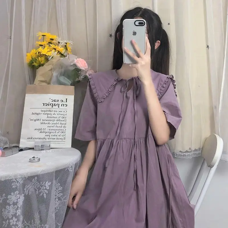 

QWEEK Harajuku Black Dress 2021 Japanese Mori Girl Kawaii Peter Pan Collar Fairy Princess Casual Women's Dresses All-match Soft