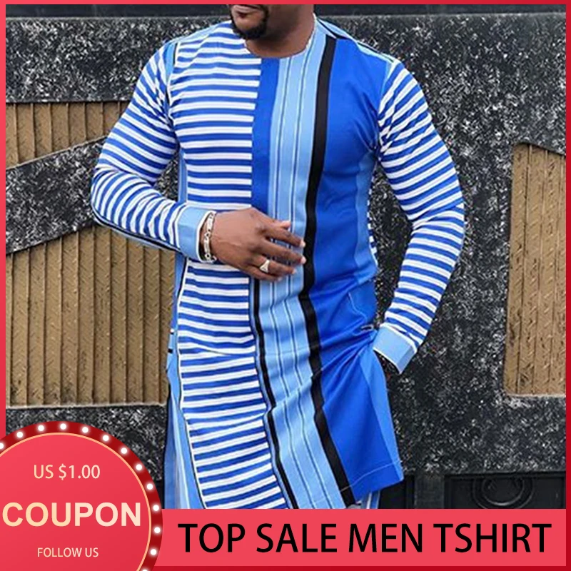 

African Men Striped Printed Casual Mid-length Muslim Men's T-shirt Loose Long Sleeve Color Stitching Top Fashion Dashiki T shirt