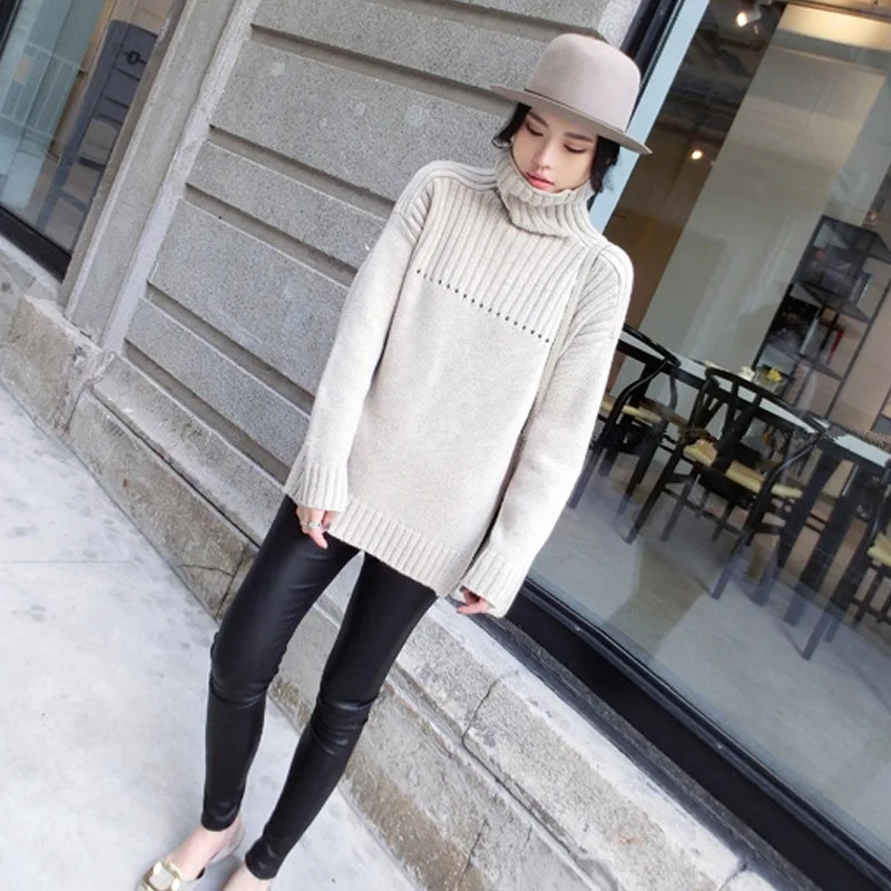 

Fall Winter Women's Turtle Neck Pullover Medium Length Loose Side Split Knitwear Top
