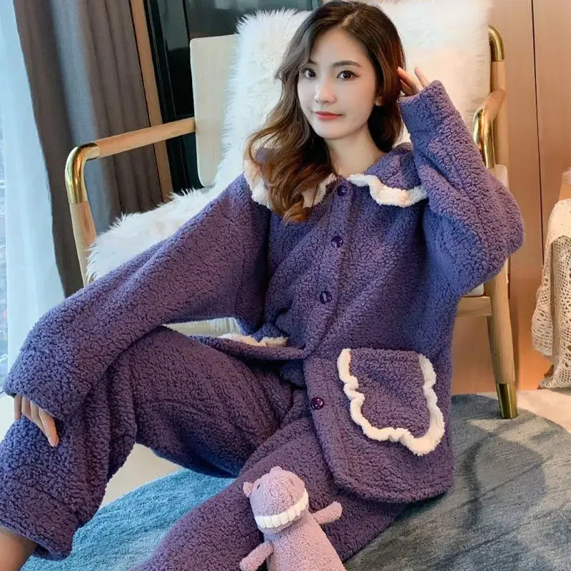 Pajamas Women's Winter Coral Velvet Long Sleeve Plush Thickened Plus Size Princess Style Flannel Home Suit  Pajamas for Women