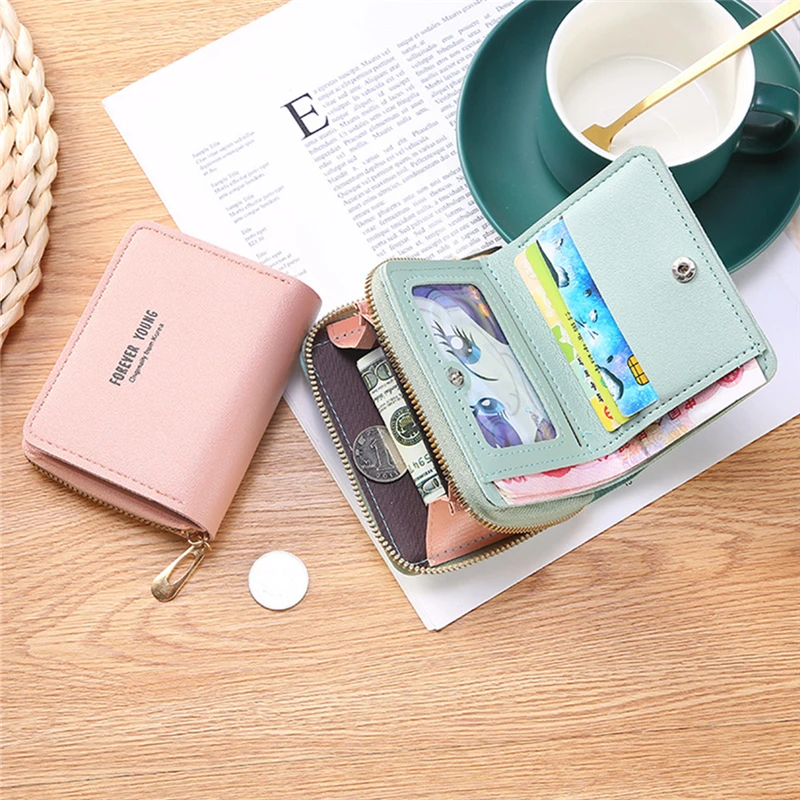 

Folding Large Capacity Women Short Wallets Thin Zipper PU Leather Small Coin Purses Fashion Lady Female Money Cards Holders