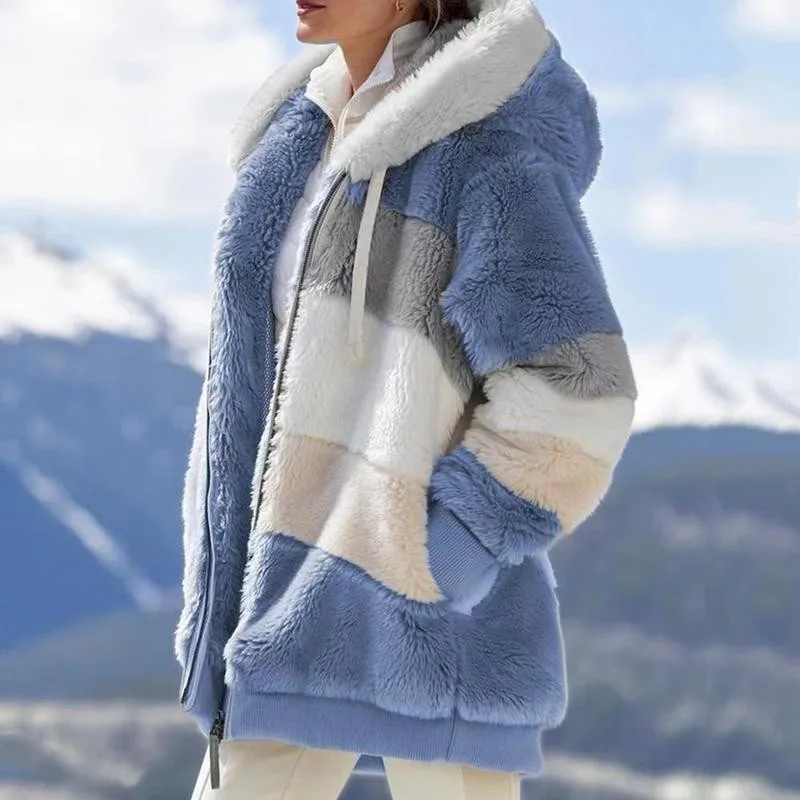 

Women Jacket Plush Patchwork Zipper Pocket Hooded Plush Loose Long Sleeve Faux Fur Top Coat Winter Jacket Plush Patchwork