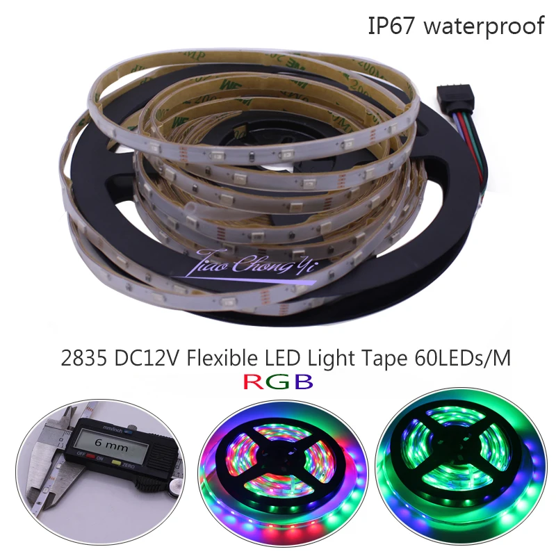 

NEW 5M 6mm Width DC12V LED Strip 2835 60led/m 300led/5m RGB Flexible Strip Light IP67 waterproof