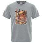 Футболки Ukiyo E в японском стиле Burgerzilla с принтом, повседневные Мягкие футболки, модная одежда оверсайз, уличная одежда, свободные мужские футболки