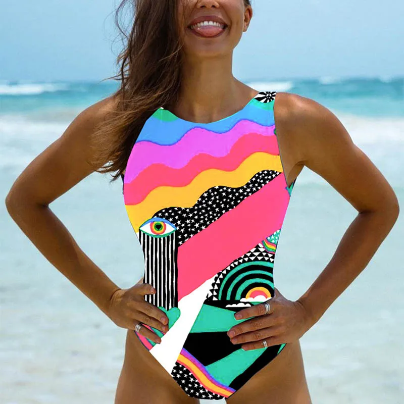 

Cartoon Halter Print 2021 Sexy Women One Piece Swimsuit Swimwear Female Brazilian Bathing Suits Bodysuit Beachwear Monokini E61