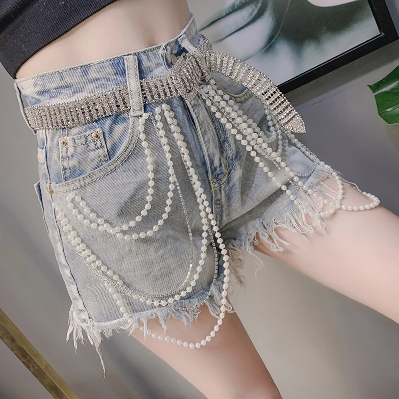 

Women 2021 New Summer Beaded Tassels High Waist Denim Shorts Female Casual Wide Leg Jeans Chic Wild Shorts