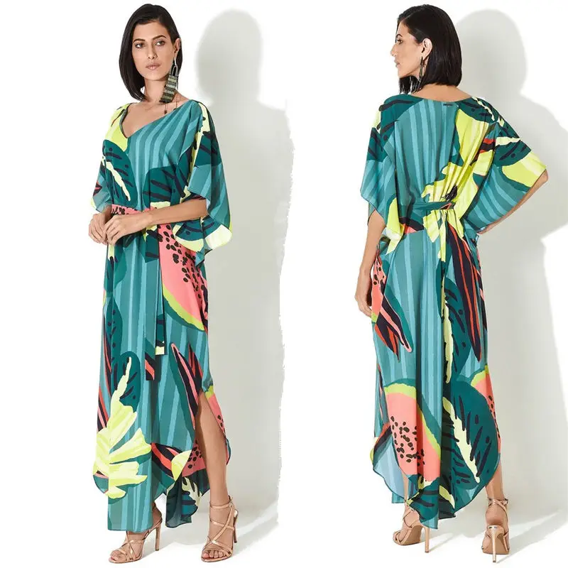 2020 богемное Тропическое летнее пляжное платье с принтом Шифоновая туника