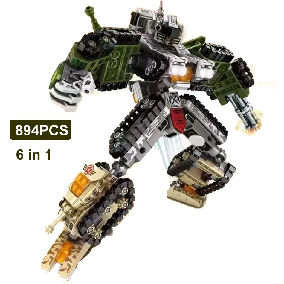 894pcs 6 in 1 Military Tank Transformation Robot Mecha Building Blocks Army ww2 Bricks Educational Toys For Children | Игрушки и хобби