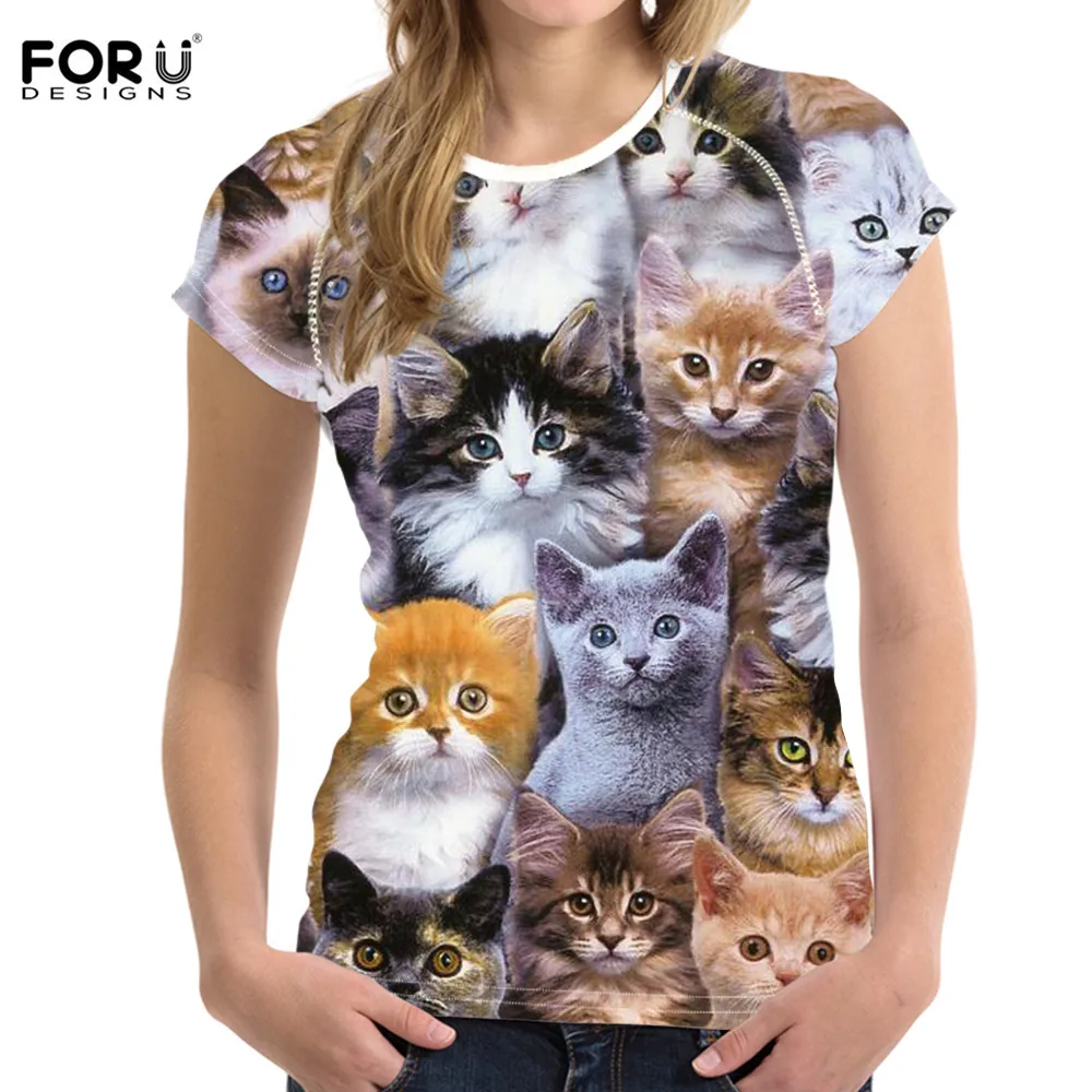 Милые летние футболки FORUDESIGNS с 3D рисунком кота для девочек Повседневная Домашняя