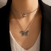 2021 retro simple silver color double layer chain chokers short colliers jewelry punk butterfly heart pendant necklace for women