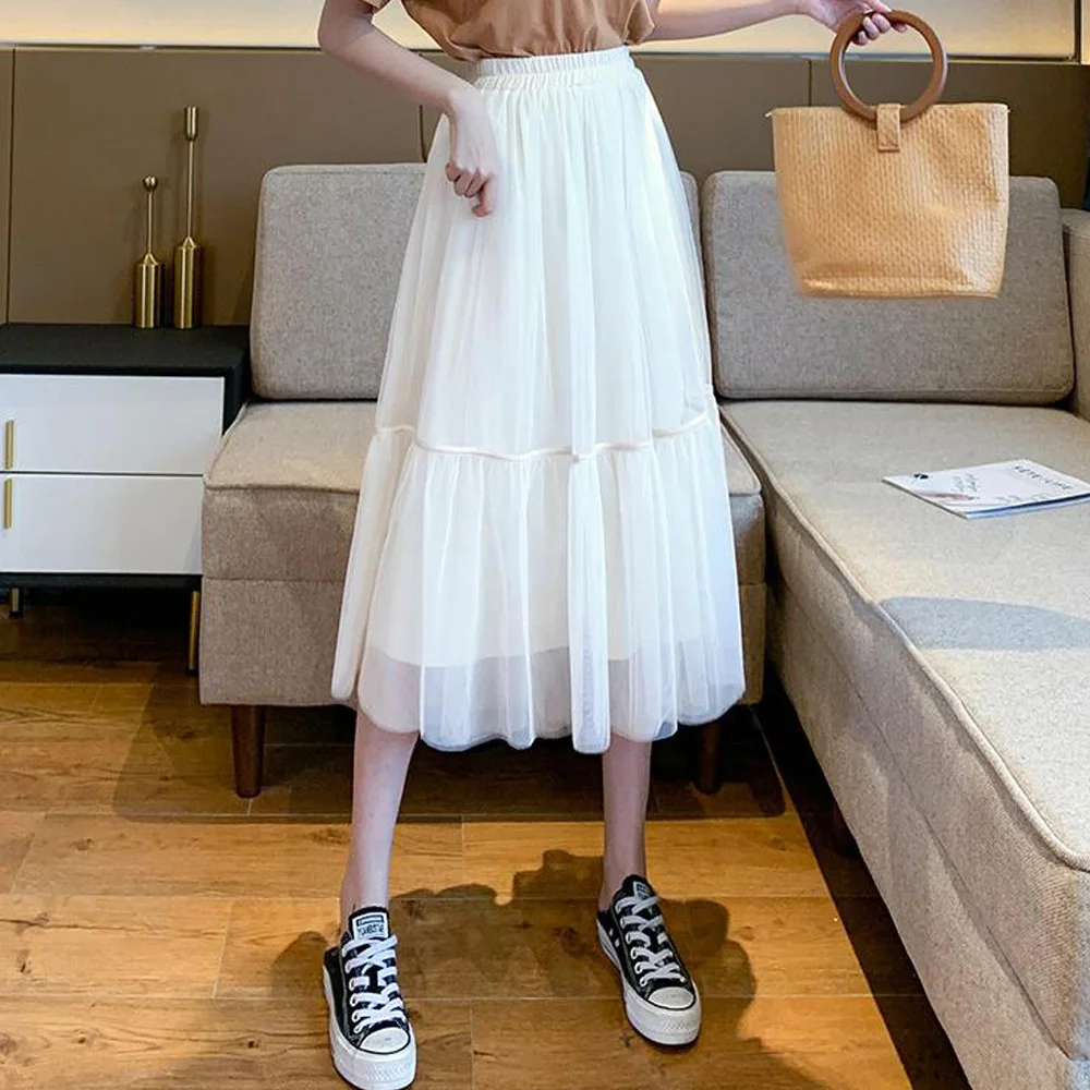 

2021 New Summer Skirts for Women Princess Tulle Skirts Womens Mesh Pleated A-line Skirts Lady Long Mesh Skirt Vintage Saias