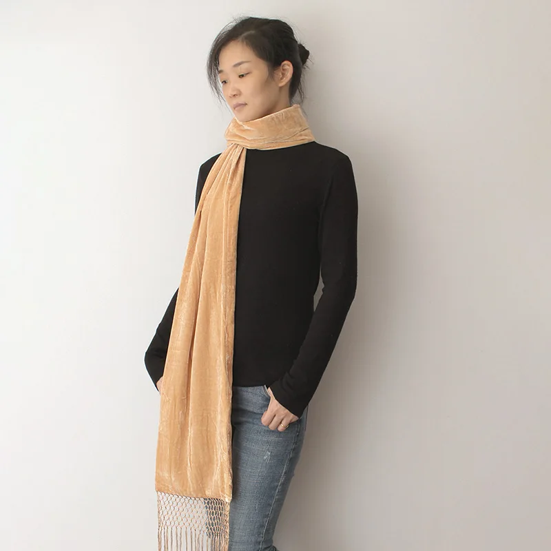 solid color 100% natural silk crinkled velvet scarves with tassel women winter warm soft scarf double-layer luxury high quality |