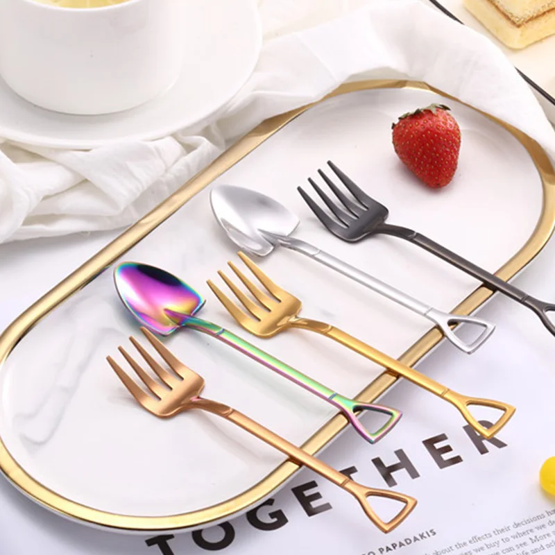 

Creative Stainless Steel Shovel Shaped Spoon Fork Colorful Rose Gold Tableware Long Handle Coffee Spoon Teaspoon Stirring Spoon