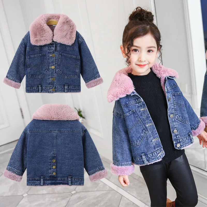 Children's Denim Jacket Girls Winter Fur Collar Plus Velvet Coats Big Kids Fashion Warm Outwear | Детская одежда и обувь