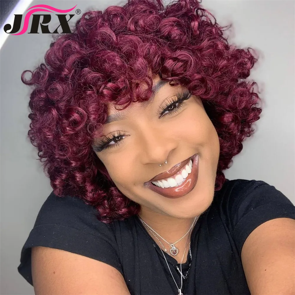 Short Curly Human Hair Wigs with Bangs 99j Burgundy Glueless Full Machine Made Fringe Wig Highlight Blonde Curly Wigs for Women