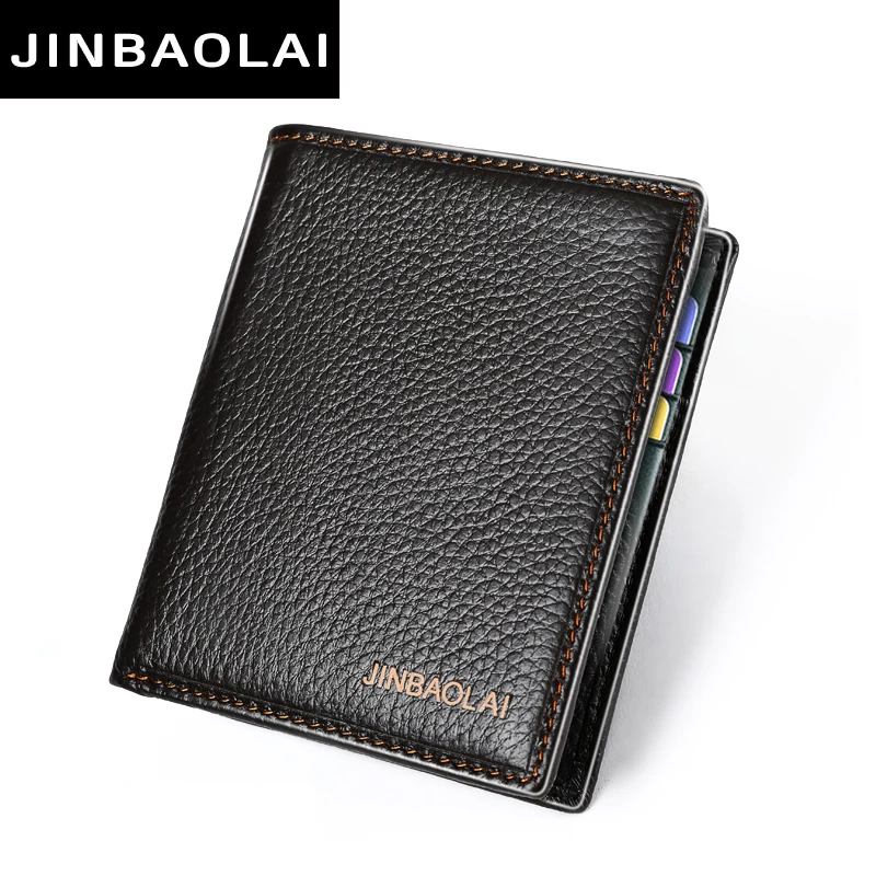 brown JINBAOLAI Simple Men Wallets Leather Genuine Card Holder Wallet Solid Short Male Purse Business Brand Wallets for men carteira - Цвет: brown