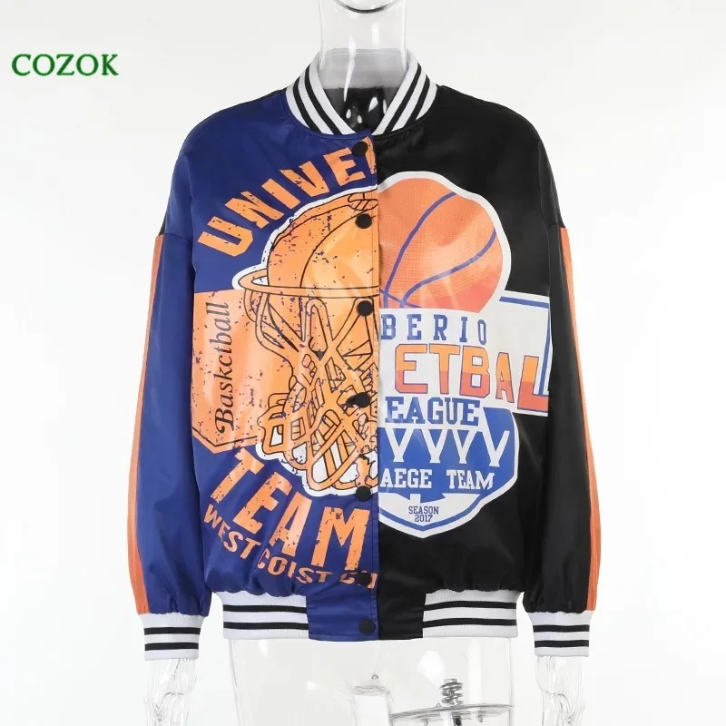 

2021 Printed baseball uniform cotton-padded jacket women in Europe and the new winter hip-hop personality loose coat
