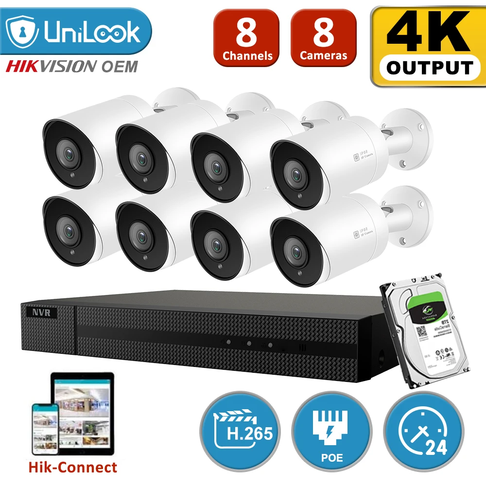 

UniLook 8CH NVR 8Pcs 8MP 4K Bullet POE IP Camera POE NVR Kit Security System Night Vision Motion Detetcion H.265 P2P View