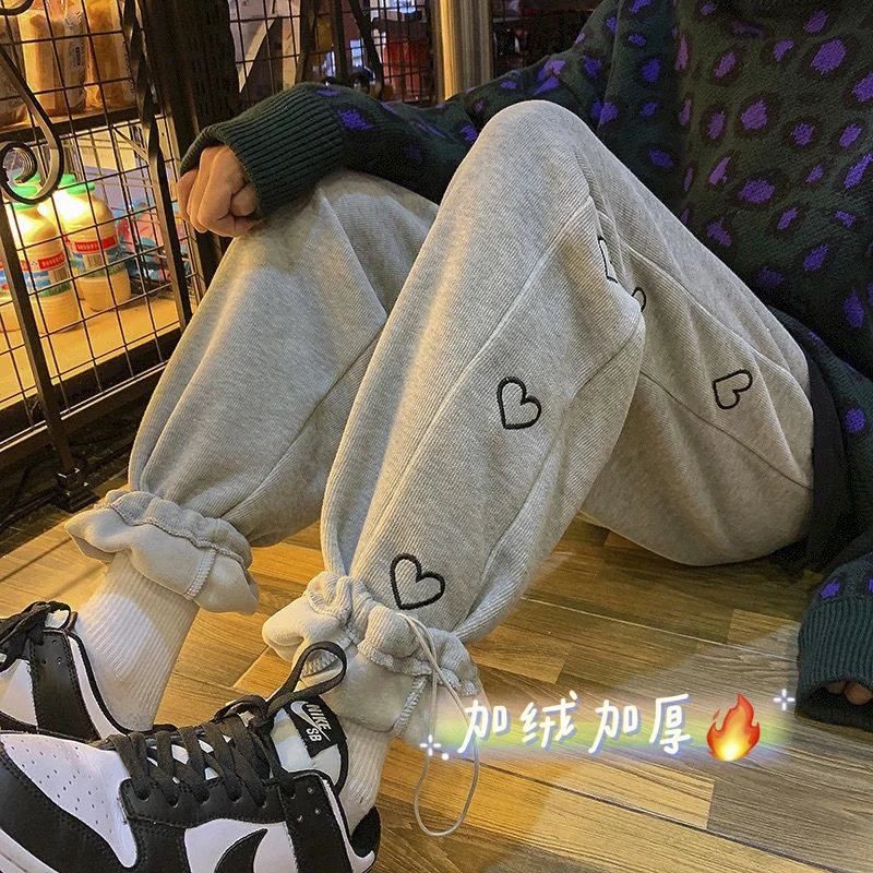 

2021 Winter Men's Embroidered Thickened Plush Casual Pants Loose Homme Joggers Sweatpants Elastic Waist Grey/black Trousers