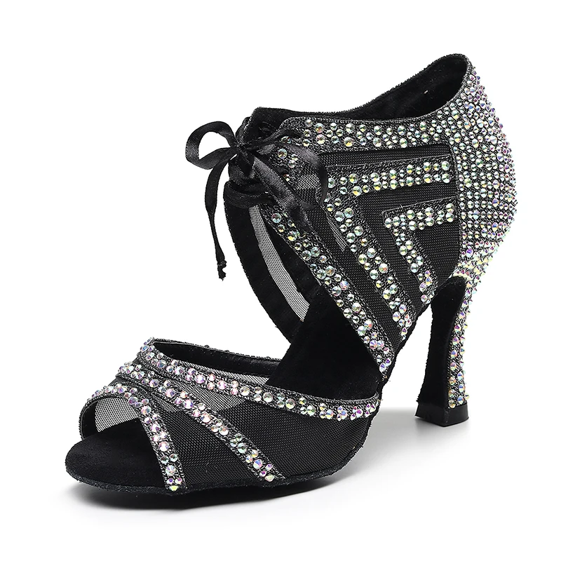 

Женские туфли Стразы для латиноамериканских танцев, черные бальные туфли для сальсы, танцевальные женские туфли с мягкой подошвой для трен...