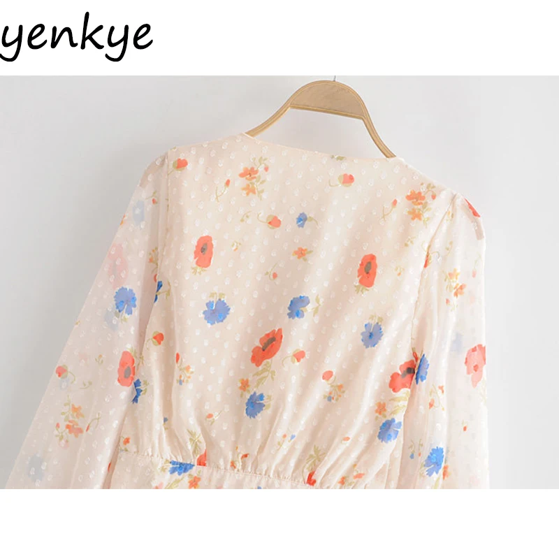 

Sweet Women Front Drawstring Floral Print Crop Top Lantern Sleeve V Neck Fashion Chiffon Blouse Shirt chemise femme OMZZ6843