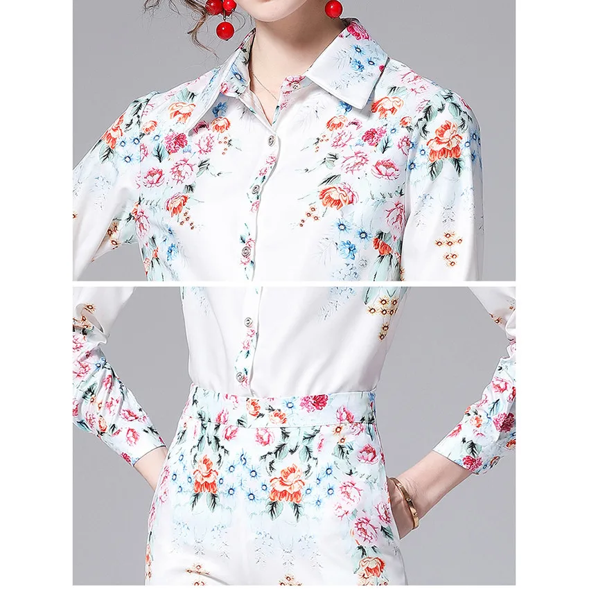 

Runway Two Pieces Suits Womene Long Sleeve Elegant Shirt Ladies Luxury Print 2 Piece Pants Outfits Sets Designer European