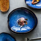 Необычная керамическая Синяя тарелка в европейском ретро-стиле для завтрака, ужина, цветная глазурованная тарелка для стейка, посуда, тарелка