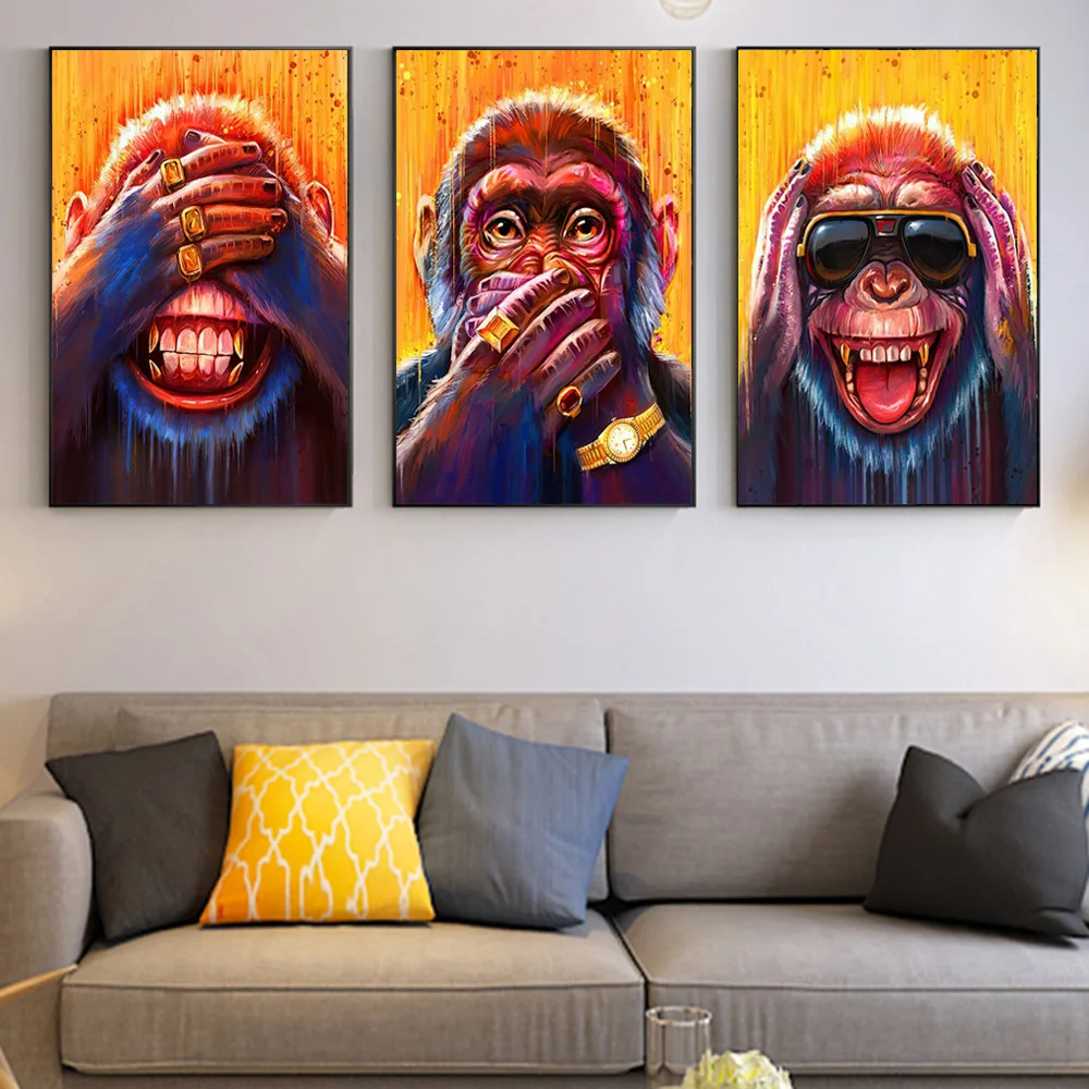 

Graffiti Monkey With Gold Rings Funny Poster And Prints Abstract Animal Gangster Canvas Art Wall Painting For Living Room Decor
