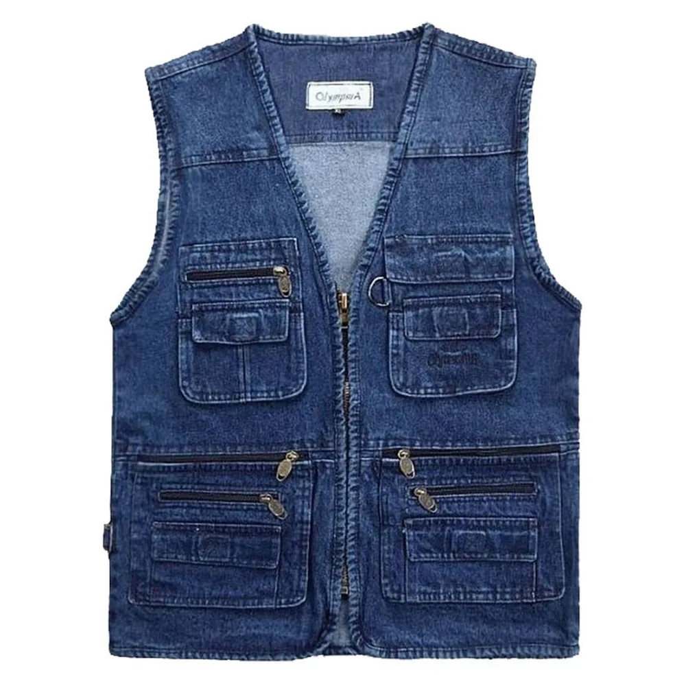 

2021 Big Size V-Neck Classic Multi Denim Work Vest Mens Solid Casual Waistcoat with Many Pockets Fishing Vest Sleeveless Jacket